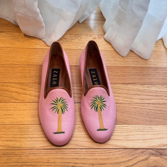 Zalo Pink Fabric Palm tree Leather trim‎  Womens Loafers Size 6 - Picture 2 of 6
